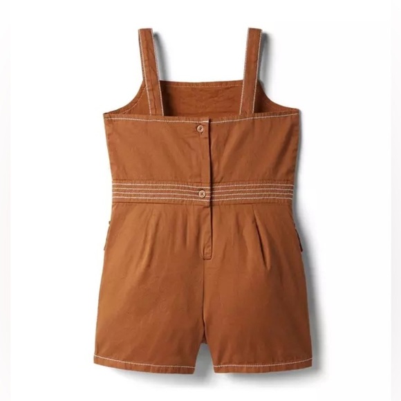 Janie and Jack Twill Contrast Stitch Bow Romper Soft Caramel - Picture 2 of 6